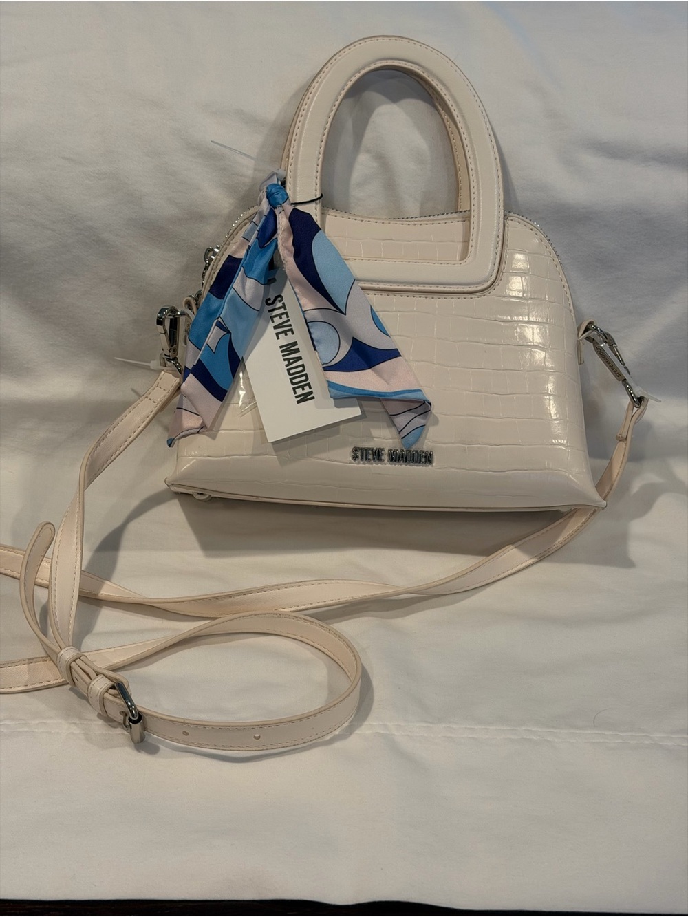 Steve Madden Cream Croc-Embossed Mini Satchel with Blue Scarf Accent
